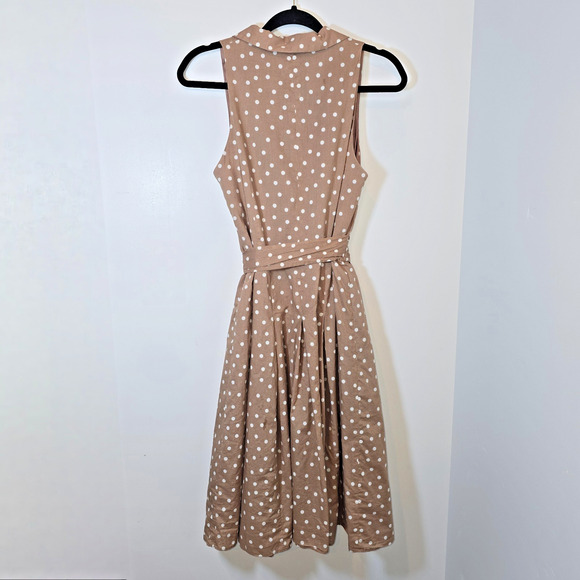 Jones Wear Polka Dot Pleated Knee Length Dress SZ 10 Tan Classic Preppy Casual - Picture 7 of 10